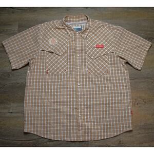 Magellan Outdoors Shiner Beer Fishing Shirt XL Plaid Pearl Snap Short Sleeve